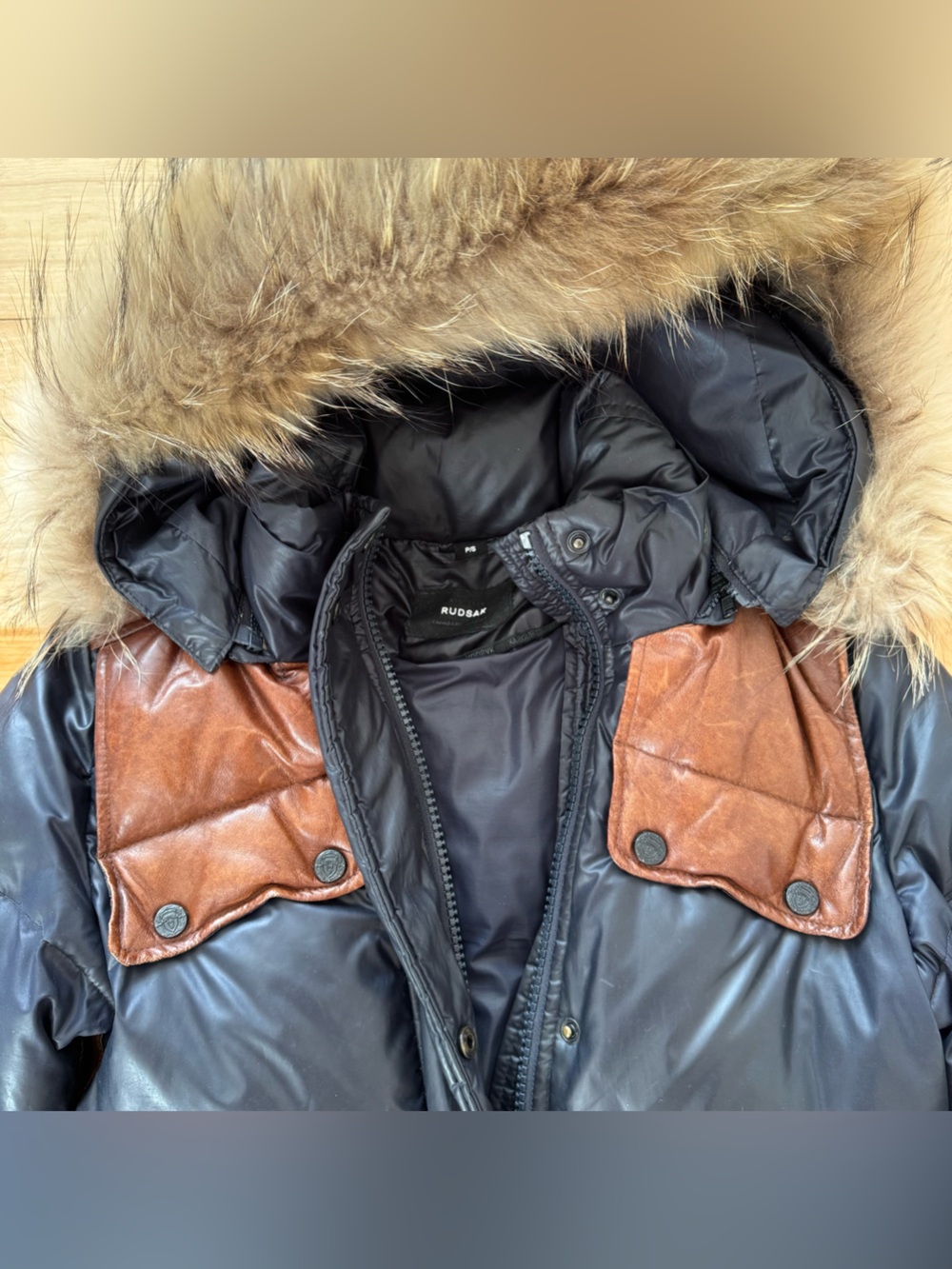 Rudsak Navy Puffer Winter Coat with Fur Trim and Leather Accents - Picture 6 of 15